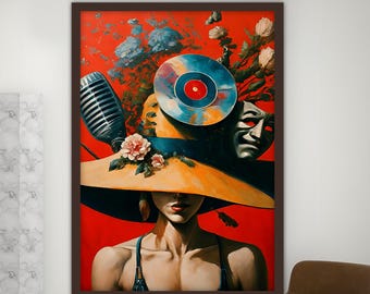 Toile femme au chapeau, peinture murale femme artiste, décoration d'intérieur femme, oeuvre d'art moderne, oeuvre d'art murale moderne, peinture sur toile prête à accrocher