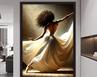 Ballerina zwarte vrouw canvas schilderij, danser muurschilderij, decor vrouw huis, kunstwerk, moderne muurkunst, cadeau, klaar om op te hangen canvas schilderij