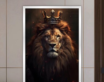The Lion Canvas Painting, Lion with Crown Wall Painting, Luxury Home Decor, Modern Artwork, Wall Art, Gift, Ready to Hang Canvas Painting
