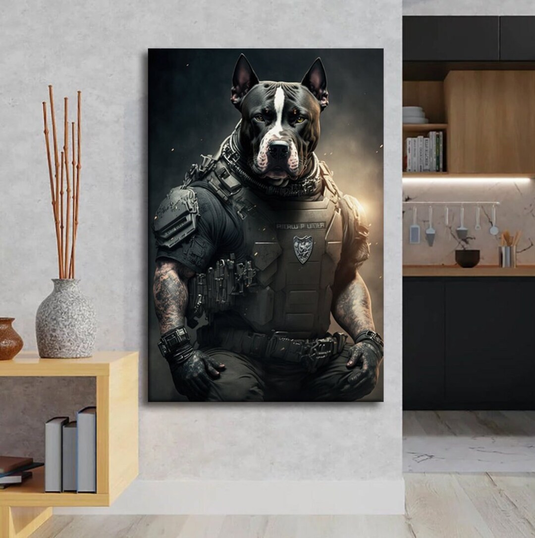 Soldier Pitbull Canvas Wall Art, Pitbull Lover Design Poster, Animal