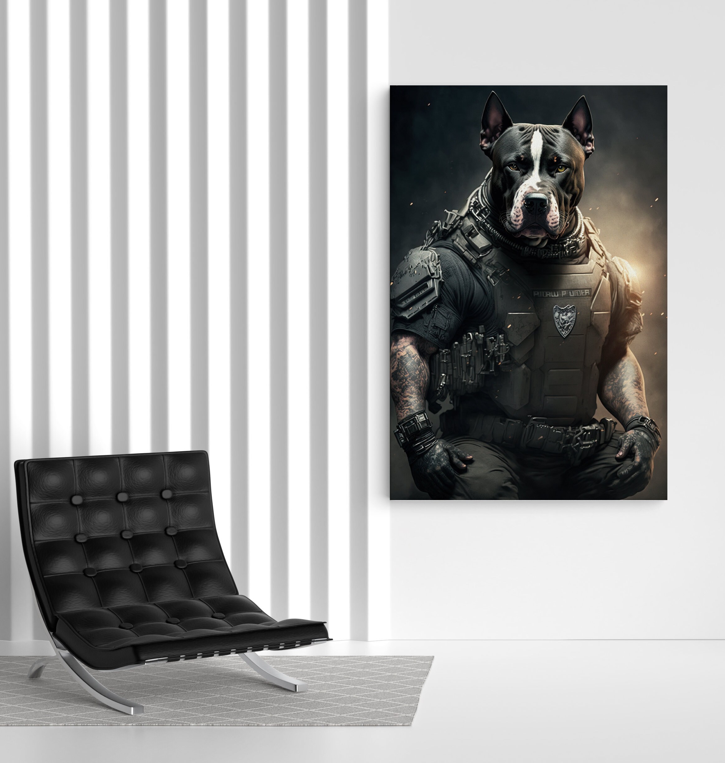 Soldier Pitbull Canvas Wall Art, Pitbull Lover Design Poster, Animal