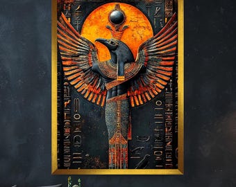 Pintura en lienzo del dios Horus, pintura mural egipcia, decoración del hogar mitológica, obra de arte moderna, arte de pared, regalo para el hogar, pintura en lienzo lista para colgar