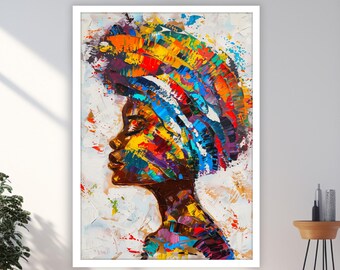 Pintura en lienzo de mujer africana colorida, pintura mural africana, decoración del hogar afro, obra de arte moderna, arte de pared, pintura en lienzo lista para colgar