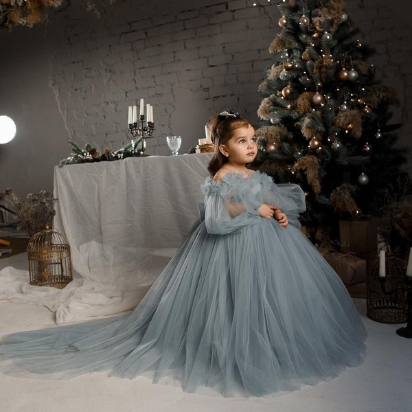 Robe de demoiselle d'honneur bleu clair, robe de demoiselle d'honneur en tulle, robe de bal pour tout-petit, robe de demoiselle d'honneur junior, robe de mariée pour bébé