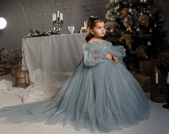 Abito da ragazza di fiori azzurro, abito da ragazza di fiori in tulle, abito da ballo per bambini, abito da damigella d'onore junior, abito da sposa per bambini