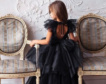 Robe de demoiselle d'honneur, robe de fille en dentelle, robe à fleurs en tulle, robes de fille tutu, robe à fleurs noire, robe pour tout-petits, robe de princesse