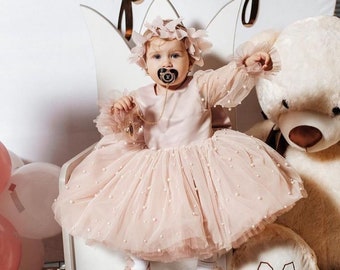 Robe bébé fille pour une occasion spéciale, Robe premier anniversaire, Robe de soirée bébé fille, Robe 1er anniversaire, Robe d'anniversaire pour fille Robe rose poudré