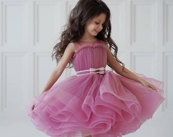 Flower girl dress Dusty rose flower girl dress Tulle flower girl dress tutu girl dress Satin girl dress Flower girl dress