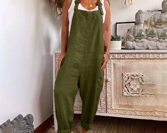 Linen Women Jumpsuits Casual Vintage Solid Color Sleeveless Overalls Adjustable Straps Loose Jumpsuit Cotton Rompers with Pockets