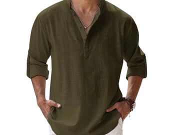 Chemise en lin homme classique à manches longues Chemise en coton à manches longues Cadeau pour lui Chemise de plage Henley hippie boutonnée Chemise de plage de couleur unie à col montant