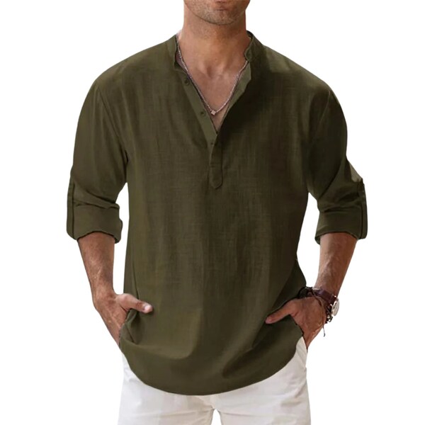 Chemise en lin homme classique à manches longues Chemise en coton à manches longues Cadeau pour lui Chemise de plage Henley hippie boutonnée Chemise de plage de couleur unie à col montant