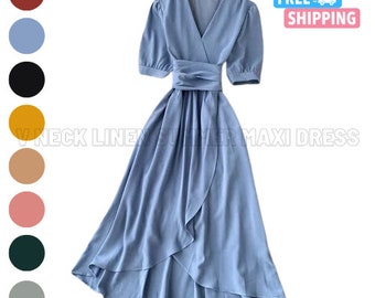 Summer Linen French Style Puff Sleeve Maxi Dress Women V Neck Short Sleeve Wrap Dress Gift for Her Linen Tunic with Belt Gift for Girlfriend