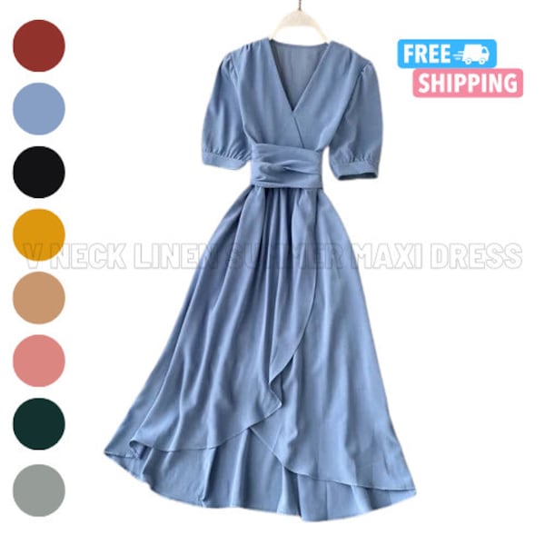 Summer Linen French Style Puff Sleeve Maxi Dress Women V Neck Short Sleeve Wrap Dress Gift for Her Linen Tunic with Belt Gift for Girlfriend
