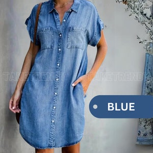 Women Short-Sleeves Summer Mini Dresses Denim Blue Loose A Line, Knee Length Shirt Dress, Collared Dress for Work Button Up- "ALHARAM"