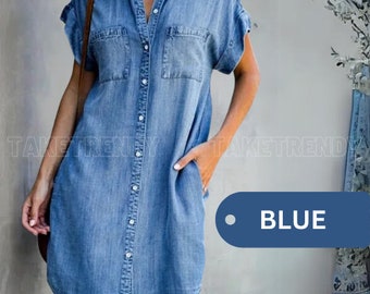 Women Short-Sleeves Summer Mini Dresses Denim Blue Loose A Line, Knee Length Shirt Dress, Collared Dress for Work Button Up- "ALHARAM"