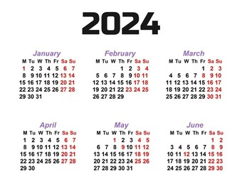 Calendario 2024, pianificatore stampabile png, calendario con sfondo trasparente, modello di calendario 2024, pianificatore mensile 12 mesi, miglior calendario