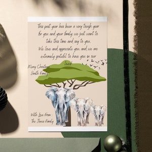 Personalisierte Weihnachtstag Familie Wunschkarte, benutzerdefinierte Safari Elefant Urlaub Grußkarte mit Familienname, Aquarell festliche flache Karte