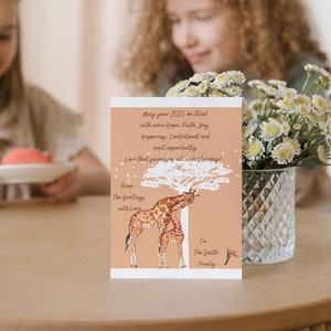 Aquarel giraf gepersonaliseerde kerstdag familiewenskaart, aangepaste safari giraf familie, vakantiewenskaart met familienaam, pdf