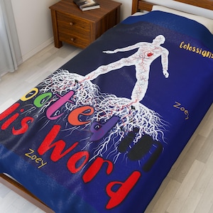 May include: A blue bedspread with a graphic design featuring a white figure with red veins and a heart, standing above white roots. The text "Rooted in His Word" and "Colossians" are also on the bedspread.