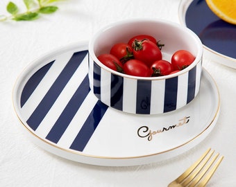 Contemporary Gourmet Plate and Bowl Collection | Modern Stripes and Elegant Navy Gold｜Plate Bowl Gift Set｜TableWare