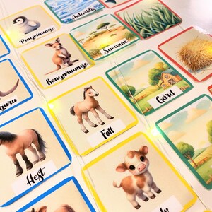 Puede incluir: Un conjunto de tarjetas de memoria coloridas con im&aacute;genes y palabras en noruego. Las tarjetas presentan animales, lugares y objetos, como un ping&uuml;ino, un canguro, un potro, una granja y hierba.