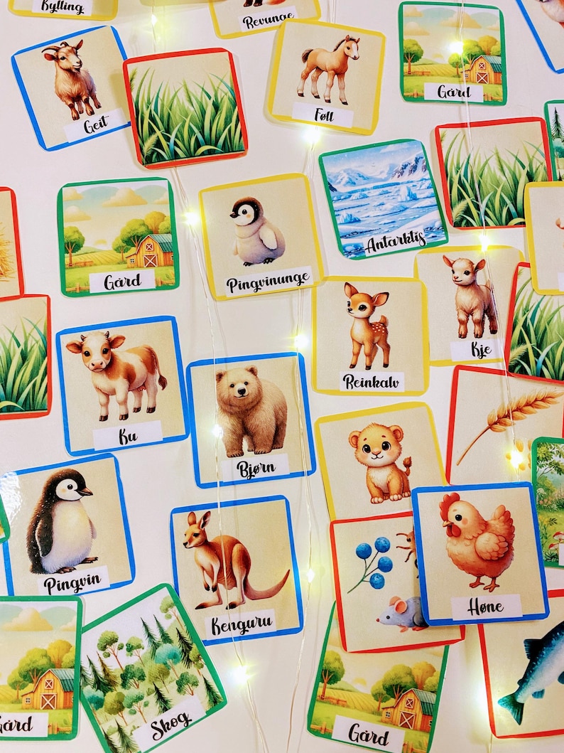 Puede incluir: Un conjunto de tarjetas de memoria coloridas que representan diferentes animales y lugares, incluyendo una granja, un bosque, un ping&uuml;ino, un canguro, un reno, un oso, una vaca, una cabra, una gallina y un pez. Las tarjetas tienen un fondo blanco con bordes e ilustraciones coloridas.