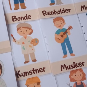 Tarjetas didácticas de profesiones para niños (PDF plastificado o digital) en noruego, inglés y ucraniano.