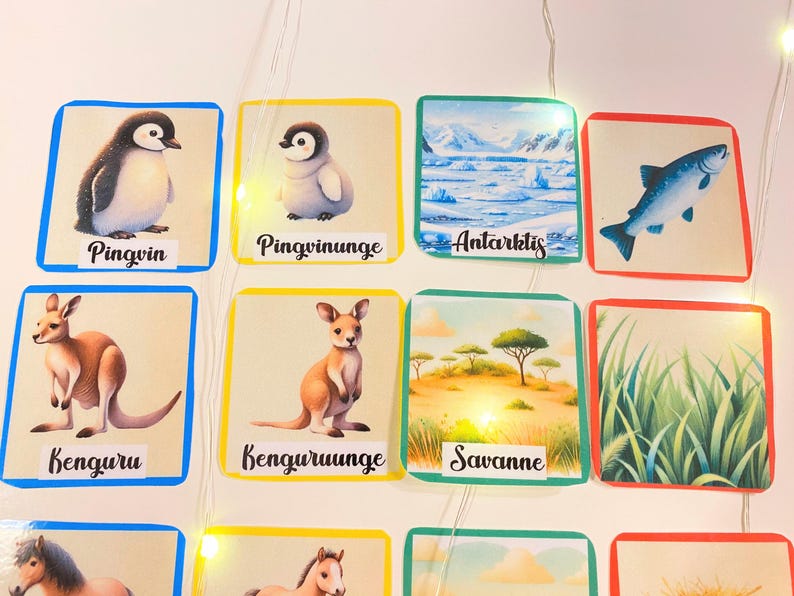 Puede incluir: Un conjunto de tarjetas de memoria coloridas con ilustraciones y palabras en alem&aacute;n. Las tarjetas muestran un ping&uuml;ino, un canguro, un pez, una sabana y un paisaje &aacute;rtico. Las palabras en las tarjetas son "Pinguin", "Pinguinunge", "Antarktis", "Kenguru", "Kenguruunge", "Savanne".