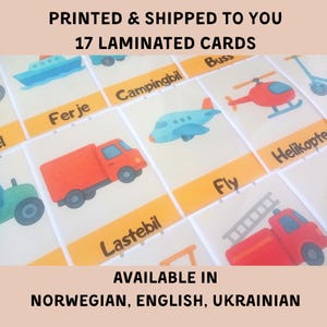 Tarjetas didácticas de transporte para niños (PDF plastificado o digital) en noruego, inglés y ucraniano.
