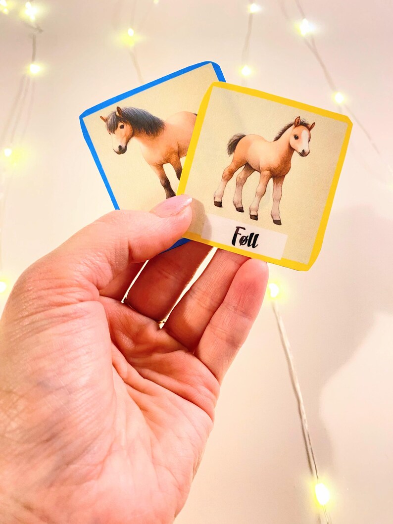 Puede incluir: Dos tarjetas ilustradas con im&aacute;genes de caballos. La tarjeta de la izquierda muestra un caballo marr&oacute;n con una crin y cola negras. La tarjeta de la derecha muestra un potro marr&oacute;n con una raya blanca en la cara. La tarjeta de la derecha tiene la palabra "Potro" escrita en ella.