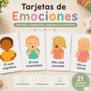 May include: A set of educational emotion cards featuring illustrations of children expressing feelings with Spanish text labels. The cards show a proud child, a surprised child, a tired child, and a shy child, with a total of 21 double-sided cards.