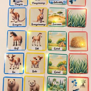 Puede incluir: Un conjunto de 16 tarjetas de memoria coloridas con im&aacute;genes y texto en noruego. Las tarjetas presentan animales, paisajes y objetos, como un ping&uuml;ino, un canguro, un caballo, una vaca, un oso y un bosque. El texto en las tarjetas incluye palabras como "Pingvin", "Kenguru", "Hest", "Bu", "Bj&oslash;rn" y "Skog".