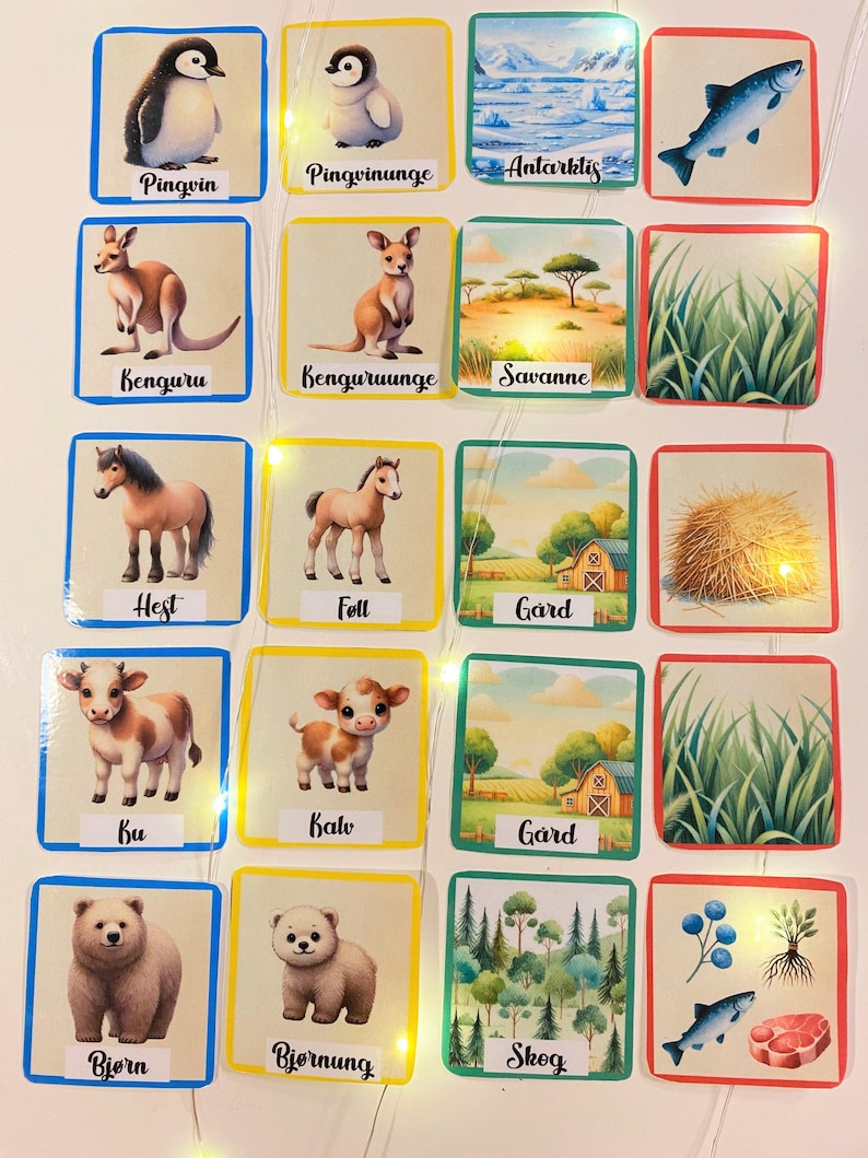 Puede incluir: Un conjunto de 16 tarjetas de memoria coloridas con im&aacute;genes y texto en noruego. Las tarjetas presentan animales, paisajes y objetos, como un ping&uuml;ino, un canguro, un caballo, una vaca, un oso y un bosque. El texto en las tarjetas incluye palabras como "Pingvin", "Kenguru", "Hest", "Bu", "Bj&oslash;rn" y "Skog".