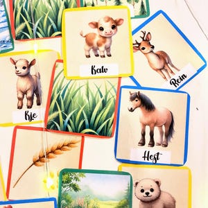 Puede incluir: Cartas de memoria coloridas con im&aacute;genes de animales y escenas de la naturaleza. Las cartas presentan un ternero, un ciervo, una cabra, un caballo, un cachorro de oso, una gallina, trigo y hierba. Las palabras "Kalv", "Rejn", "Kje", "Hest", "Bjornung", "Eng" y "Kje" est&aacute;n escritas en las cartas.