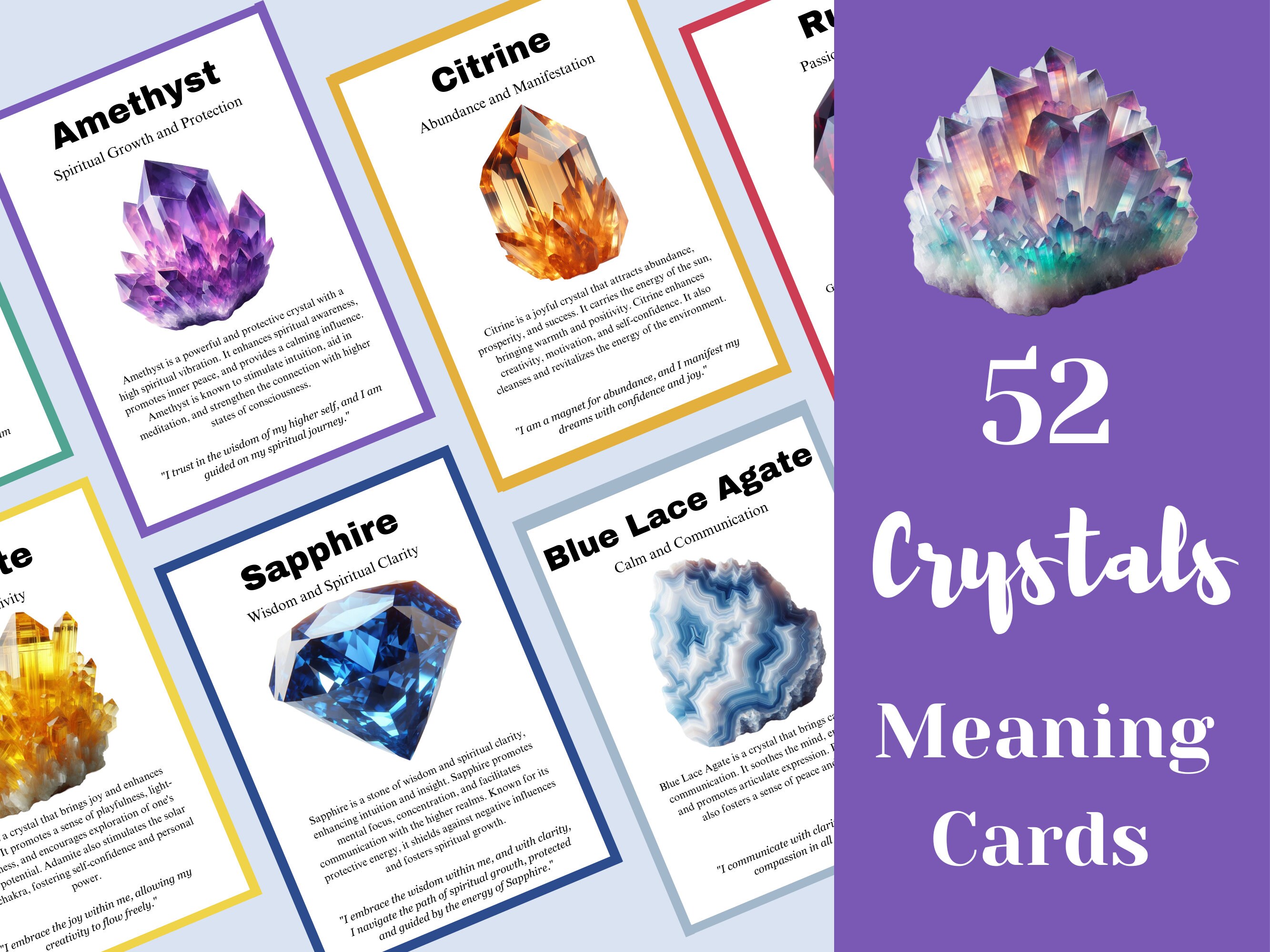 52 Editable Crystal Meaning Cards, Crystal Themed Cards, Gemstone ...
