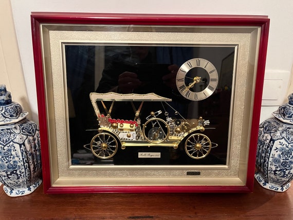 Rolls Royce 1910 Metal Model Topped With a Clock in a Mahogany