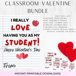 Valentijnskaarten van de leraar voor leerlingen, kleurplaten, bladwijzers, gratis coupon voor huiswerk, klasactiviteit voor Valentijnsdag