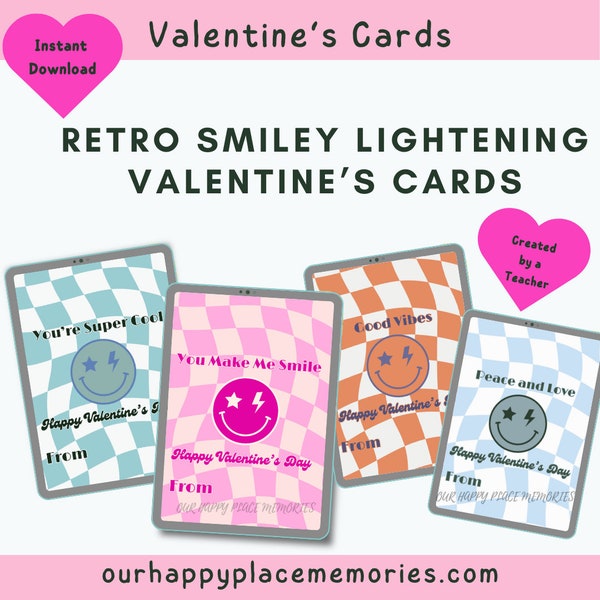 Smiley Face Lightening Valentine Cards,  Retro Valentine's Day Cards, Print at Home Valentines, Checker Smiley Card for classroom