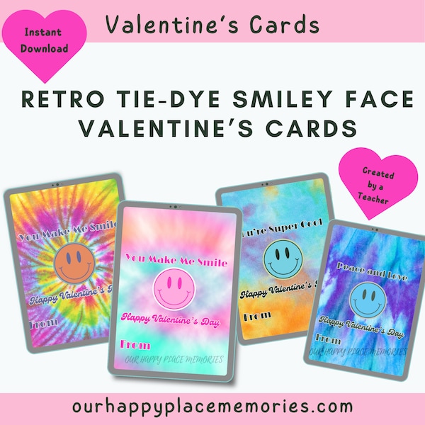 Smiley Face tie-dye Valentine Cards, Retro Valentine's Day Cards, Print at Home Valentines, tie-dye Smiley Card for classroom