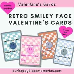 Smiley Gesichts Valentinstagskarten, Retro Valentinstagskarten, Print at Home Valentinstagskarten, Boho Valentinstagskarten, Checker Smiley Karte für das Klassenzimmer
