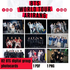 Peut inclure: Une collection numérique de 82 cartes photo de groupe BTS présentant divers clichés posés et spontanés des membres du groupe. La mise en page comprend neuf panneaux photo distincts avec le texte BTS WORLD TOUR ARIRANG en haut et 82 BTS digital group photocards, 1 PDF, 1 PNG en bas.