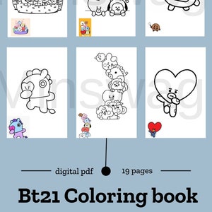 19 páginas para colorear, libro para colorear de BTS, libro para colorear de BTS-21, libro digital de dibujos animados para niños, libro para colorear de cumpleaños de BTS-21, página para colorear de autocuidado de BTS