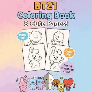 8 páginas para colorear, libro para colorear BT21, libro digital de dibujos animados para niños, regalo para el ejército, página para colorear de autocuidado de BTS