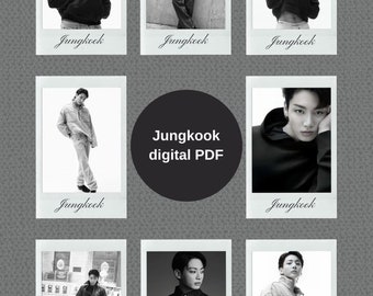 May include: Nine black and white Polaroid-style photographs of a man wearing different outfits. The photographs are arranged in a 3x3 grid. The text "Jungkook digital PDF" is in the centre of the grid.