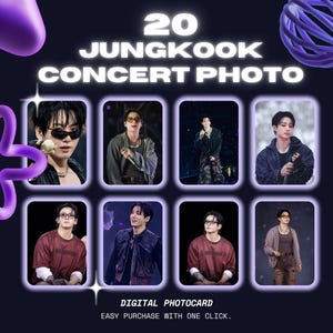 May include: A digital collection of 20 Jungkook concert photos displayed in a grid of eight rectangular frames with purple borders. The images feature various shots of the artist in different outfits and eyewear. Text reads 20 JUNGKOOK CONCERT PHOTO.