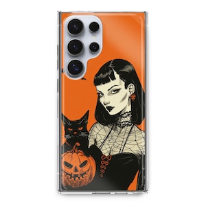 Halloween Witch Case for IPhone 15 14 13 Pro Max Mini / Orange Background Cover Google Pixel 8 7 6 Pro 5G / Samsung S24 23 22 Plus FE Ultra