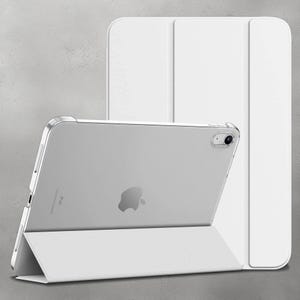 May include: A white iPad case with a clear back. The case is folded into a stand position. The iPad has a white Apple logo on the back.