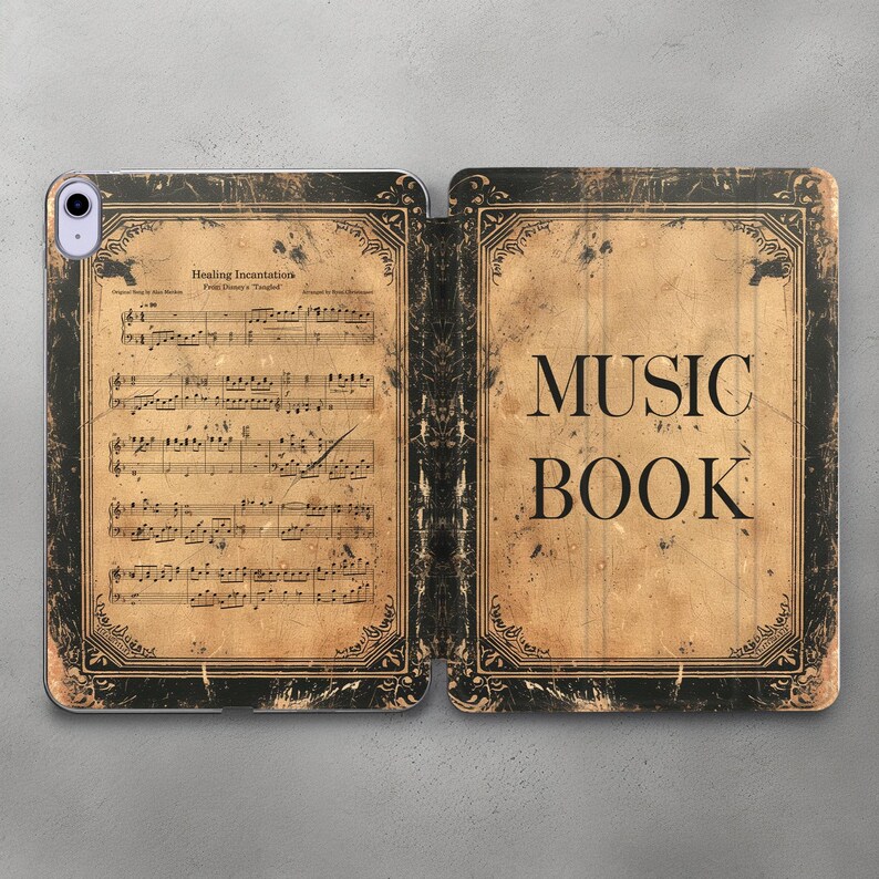 May include: A black and gold iPad case with a vintage music book design. The front cover features sheet music with the title "Healing Incantation" and the back cover says "MUSIC BOOK".