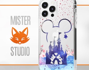 May include: Clear phone case with a silhouette of Mickey Mouse's head and a castle with stars and clouds. The castle is blue and purple with a galaxy design. The background is a watercolor design with pink and blue clouds.