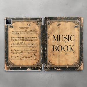 May include: A black and gold iPad case with a vintage music book design. The front cover features sheet music with the title "Healing Incantation" and the back cover says "MUSIC BOOK".